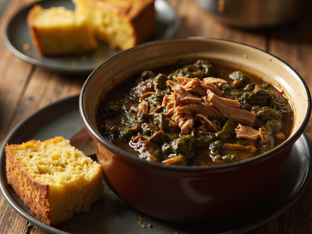 Chou vert mijoté à la dinde fumée et pain de maïs