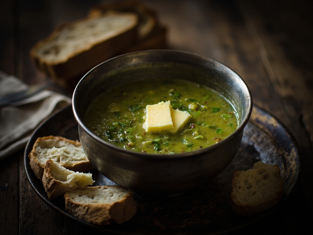 Lean potage with herbs and bread