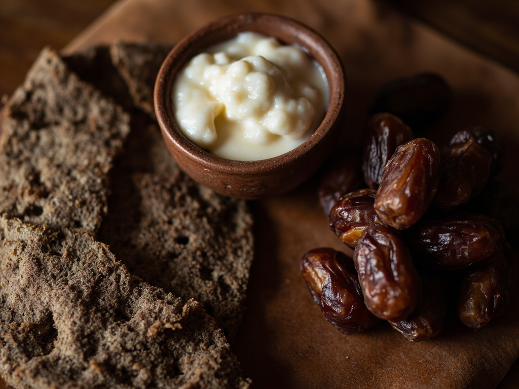 Pain d'orge, dattes et lait caillé
