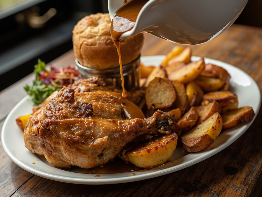 Le Sunday roast au poulet rôti et Yorkshire puddings