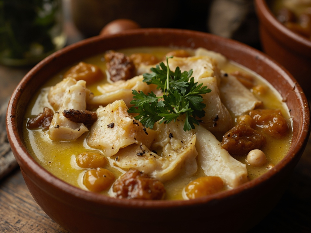 Morue salée aux raisins secs et pignons