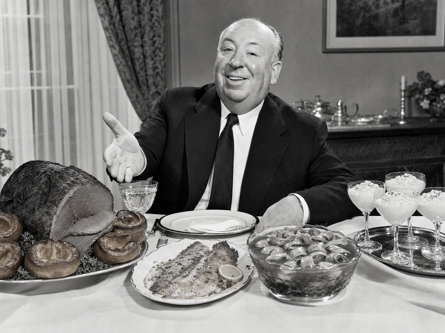 Alfred Hitchcock at the table