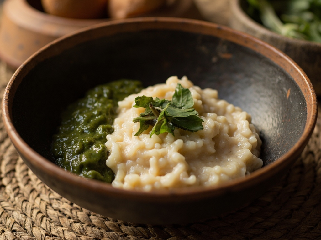 Tuwon dawa da miya kuka (pâte de sorgho, sauce aux feuilles de baobab)