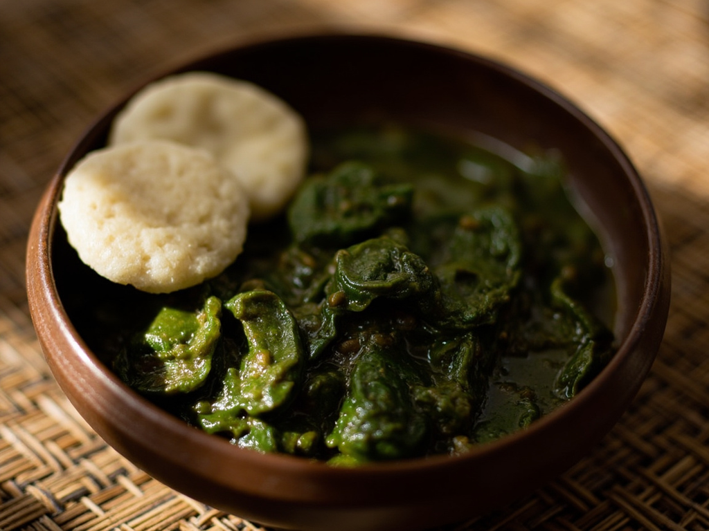 Tuwon dawa da miyar kuka — sorghum paste and baobab leaf sauce