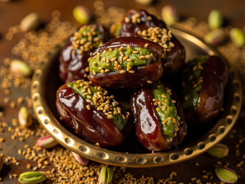 Royal Dates Stuffed with Pistachios and Honey, Rolled in Sesame