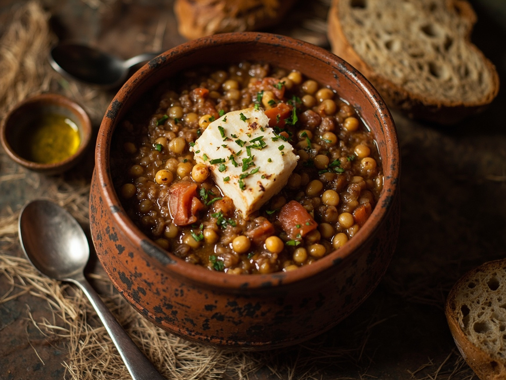 Pulmentum de pois chiches et lentilles au poisson de Carême