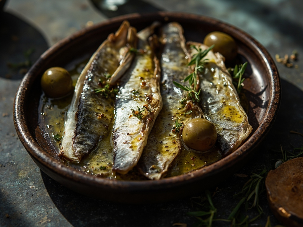 Tarichos de Milet — filets de poisson salés et séchés, servis à l'huile