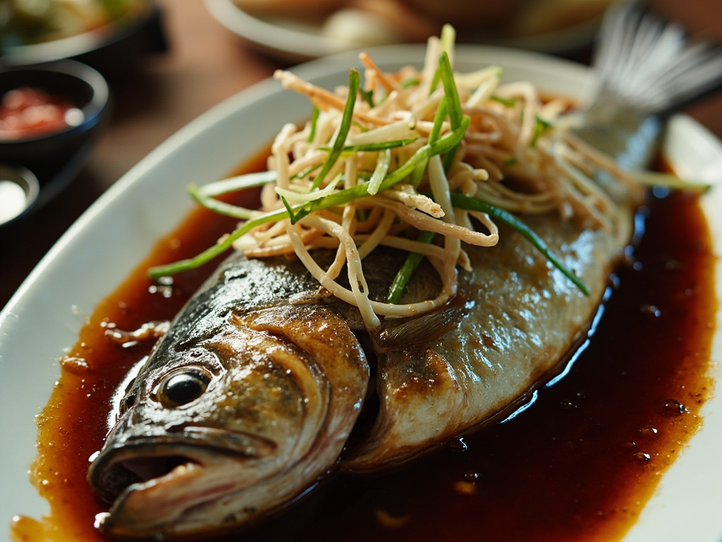 Poisson entier à la vapeur, gingembre et ciboule