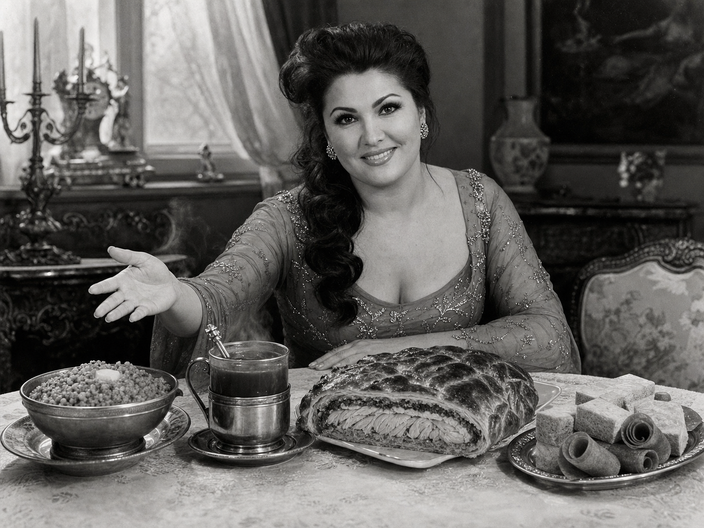 Anna Netrebko at the table