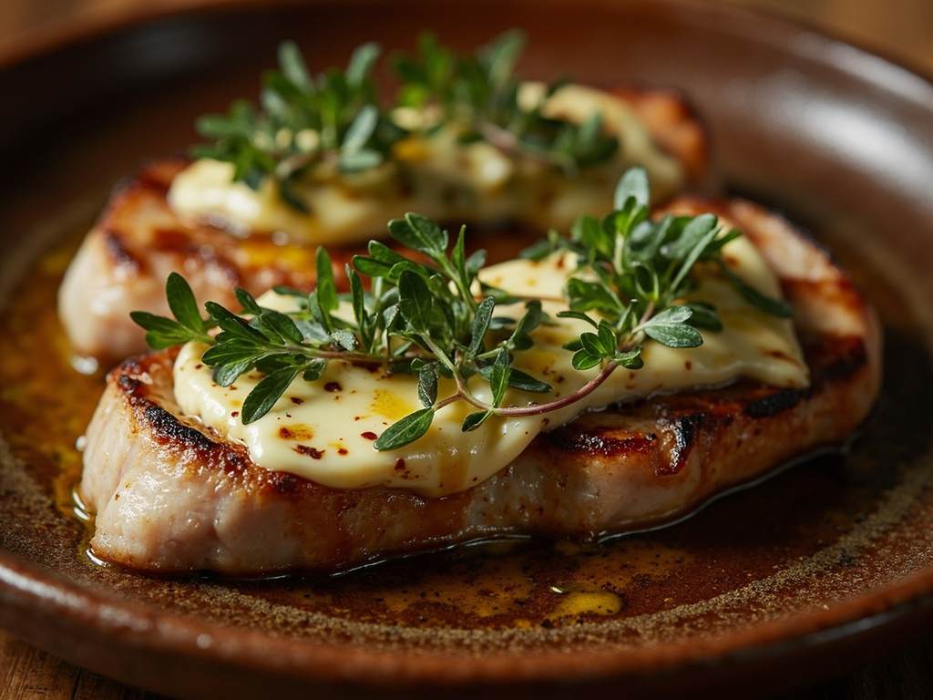 Grilled tuna slice with cheese and herbs, Mithaikos style