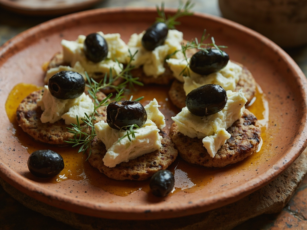 Mâza à l'orge, olives et fromage de chèvre