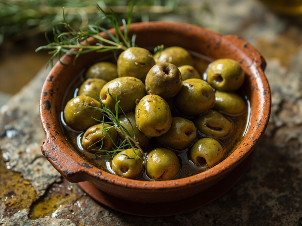 Cracked green olives in brine