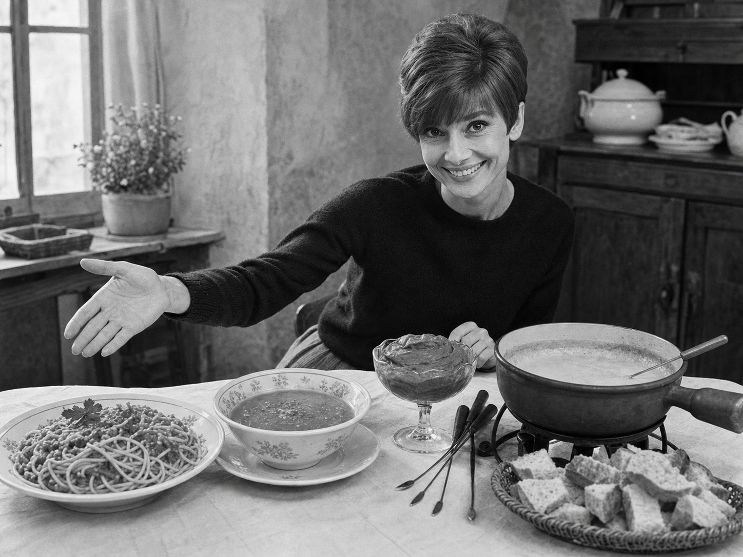 Audrey Hepburn at the table