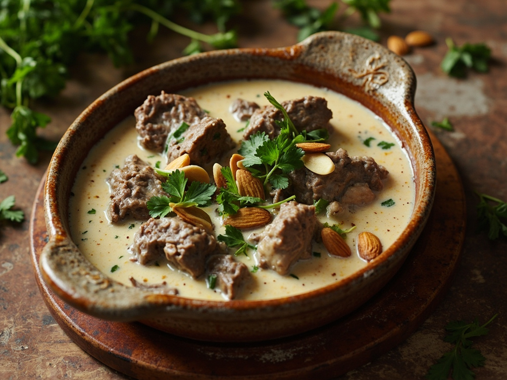 Tafāyā blanche d'agneau aux amandes et coriandre