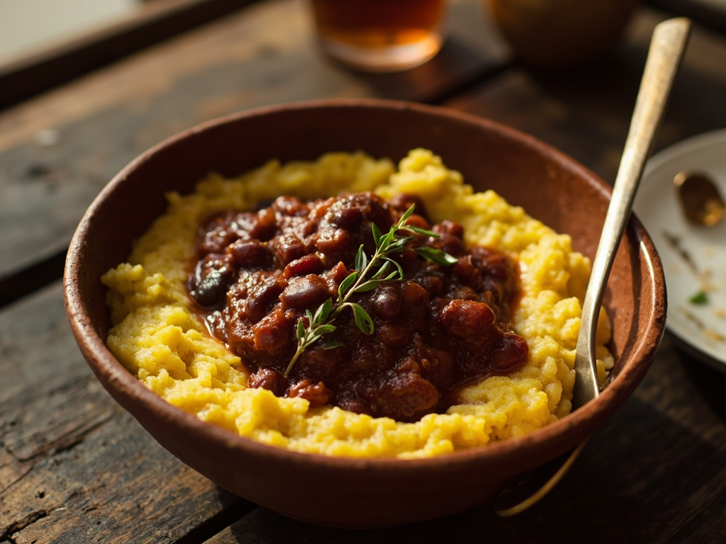Mayi moulen ak sòs pwa — cornmeal polenta and bean sauce