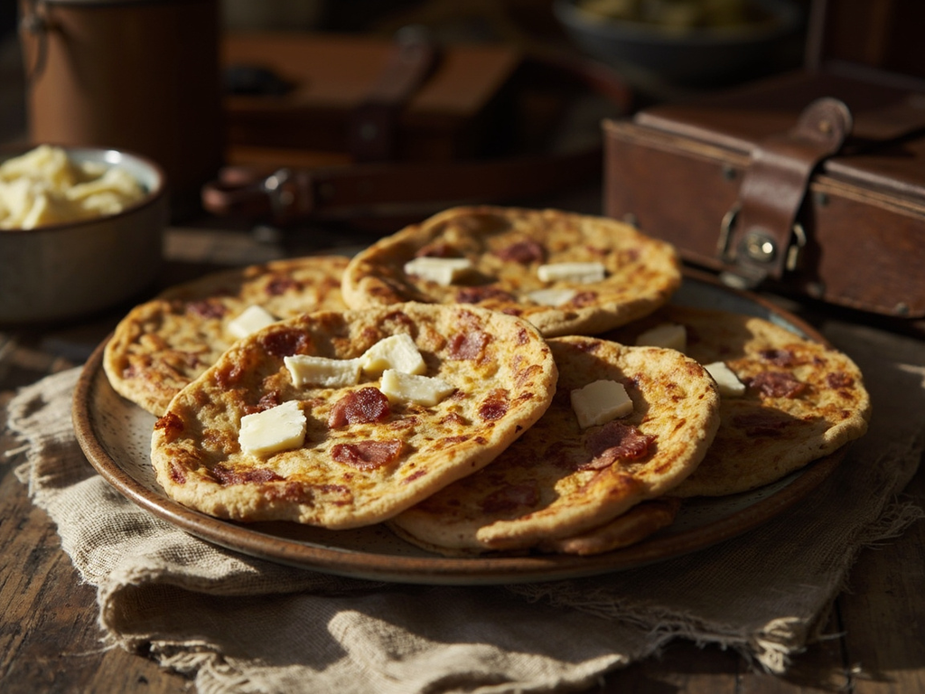 Spelt Griddle Cakes with Bacon and Fresh Cheese (Travel Bread)
