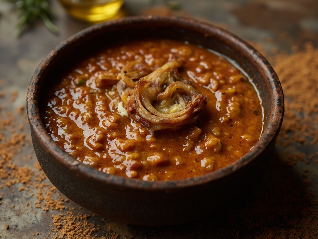 Marmite de lentilles rousses au cumin et oignons fondus
