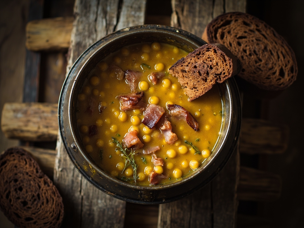Erbsensuppe du bivouac — soupe de pois cassés au lard fumé