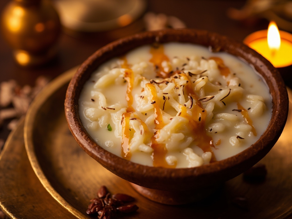 Pāyasa — rice pudding with jaggery and cardamom