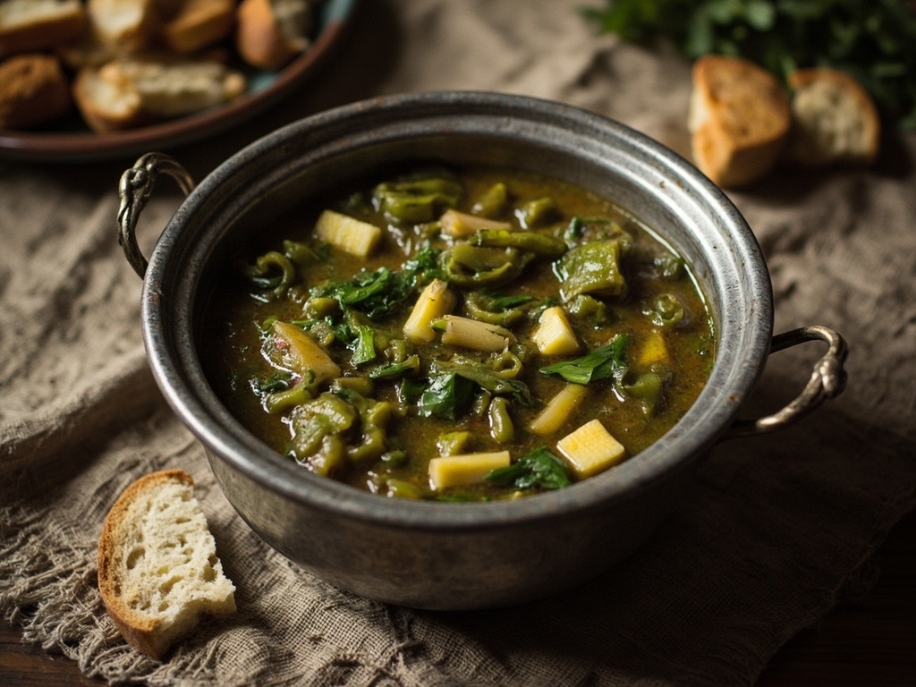 Potage aux herbes du potager et pain rassis