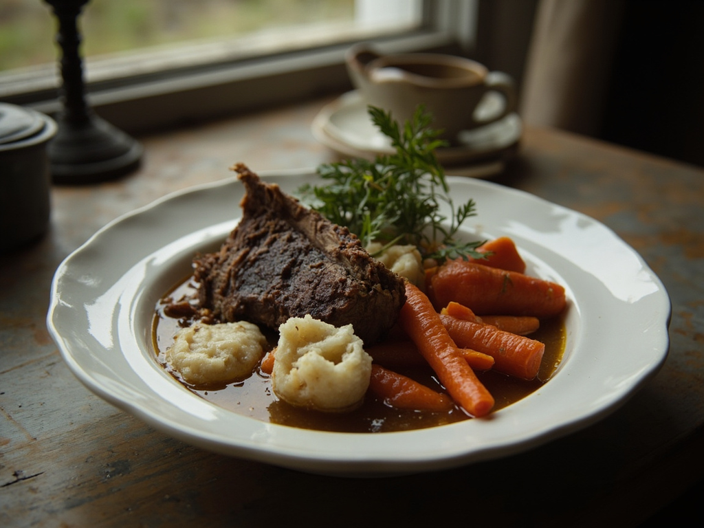 Bœuf bouilli aux carottes et boulettes de suif