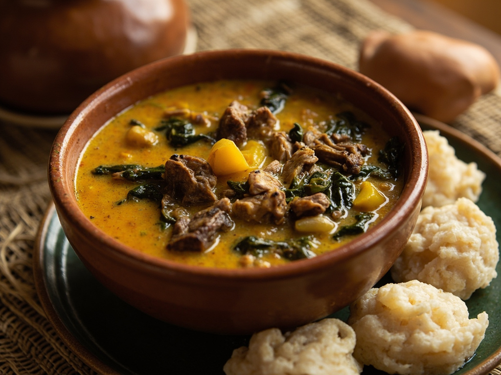 Ofe Egusi — soupe d'egusi aux légumes verts, servie avec de l'eba