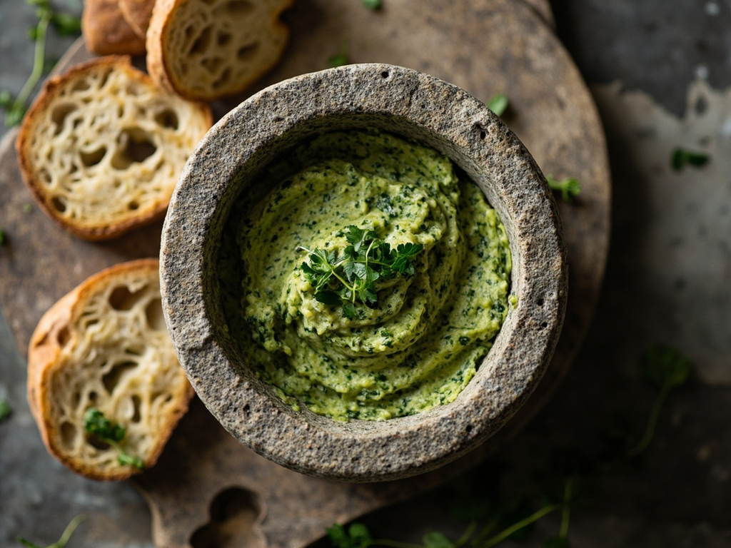 Moretum, garlic, herb and cheese paste of the Megalesia