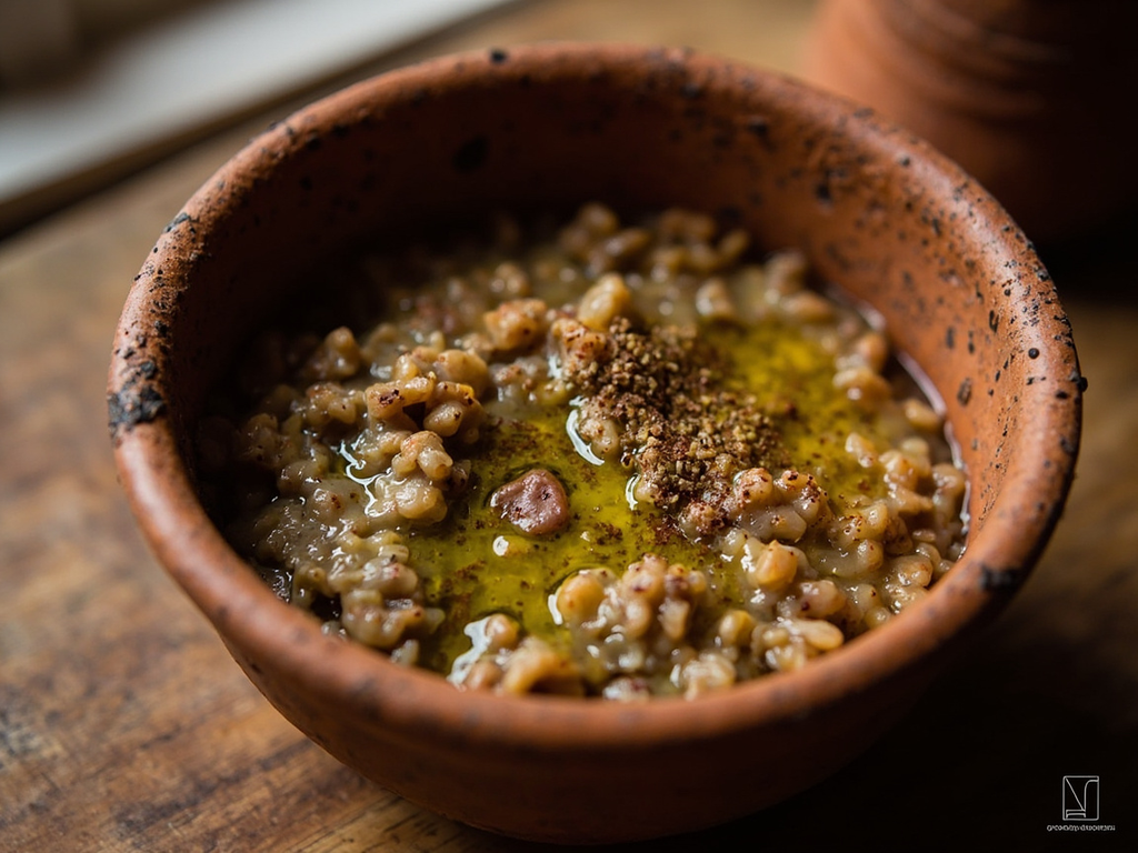 Bouillie d'orge aux lentilles et à l'huile verte