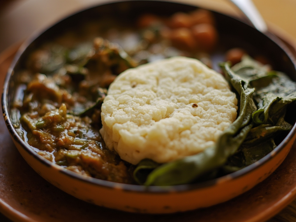 Insima ne ifisashi (nshima with peanut sauce leaves)