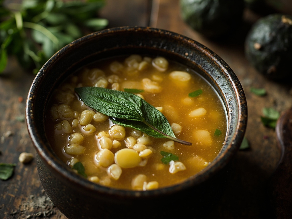 Bouillon de simples du lac, à l'orge et au verjus