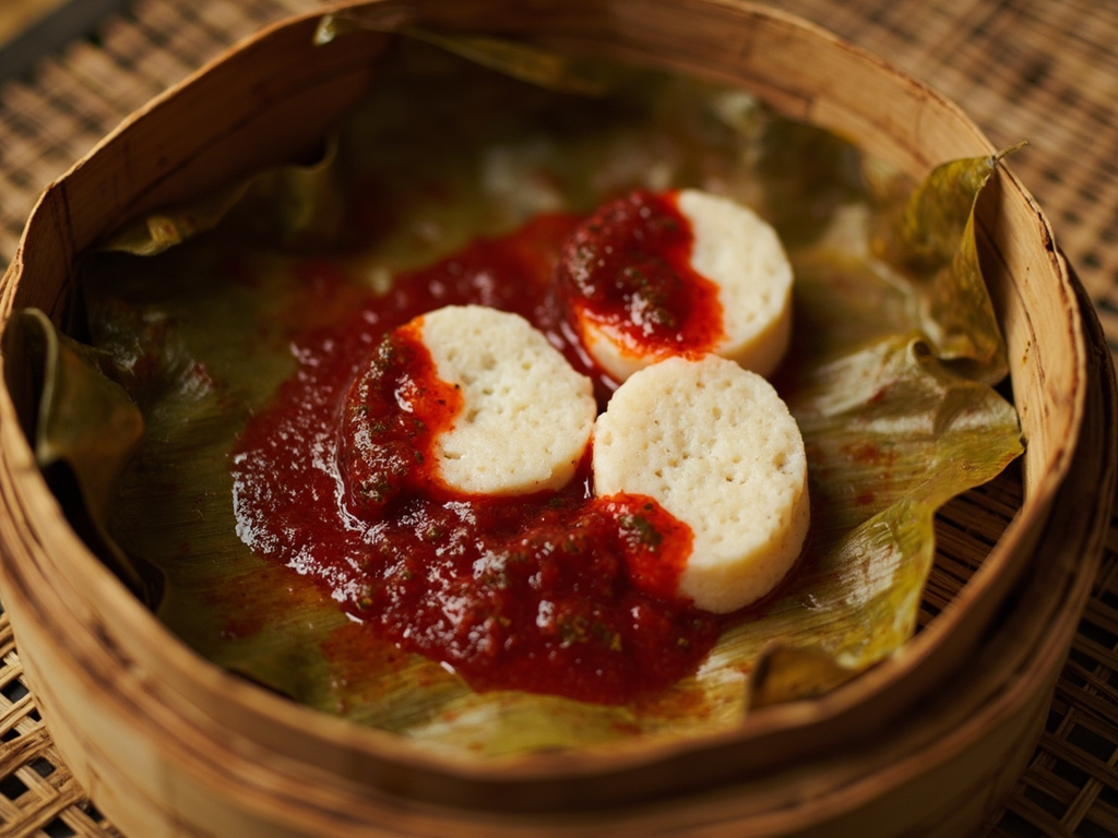 Èkuru funfun àti ọbẹ̀ epo — steamed cowpea pudding, palm oil sauce