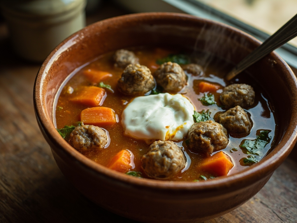 Ciorbă de perișoare (soupe aigre aux boulettes)