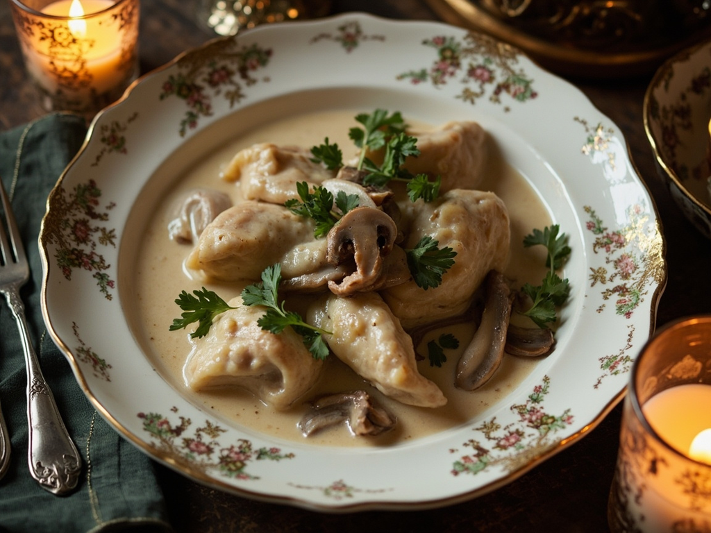 Poularde au blanc et aux champignons