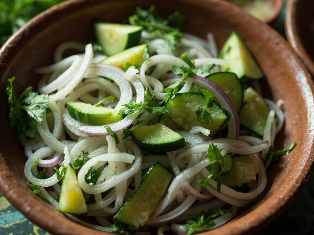 Salade d'oignons doux, concombre et coriandre du Nil