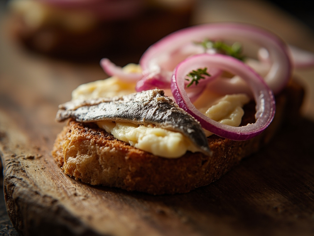 Hareng salé et fromage de Neufchâtel sur tranchoir