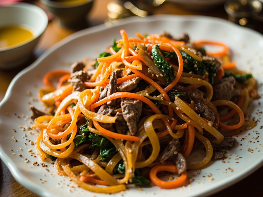 Japchae — stir-fried sweet potato noodles with vegetables