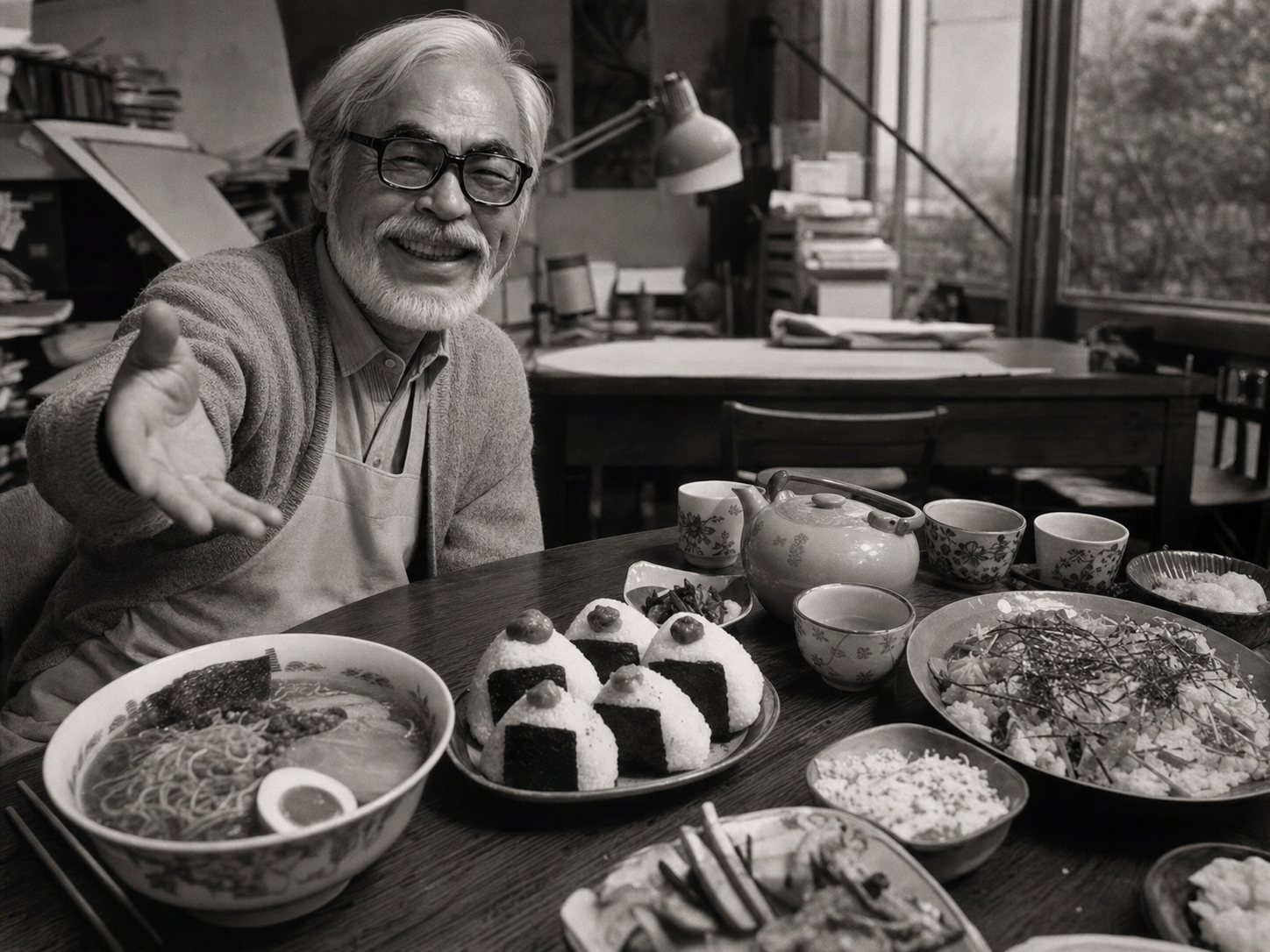 Hayao Miyazaki at the table