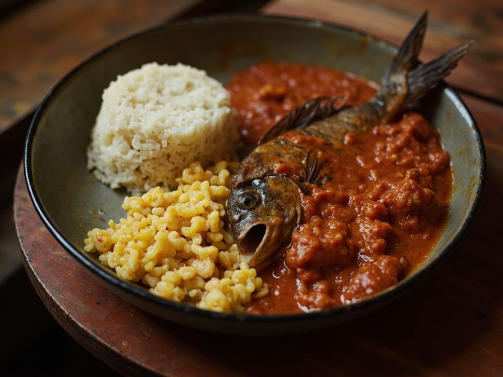 Kuon kod ngege — ugali and stewed tilapia from Lake Victoria
