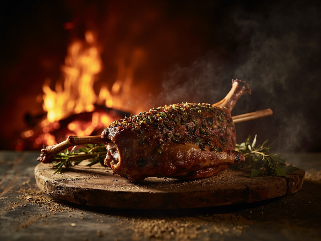 Cuissot de gibier rôti à la broche, fumé au thym