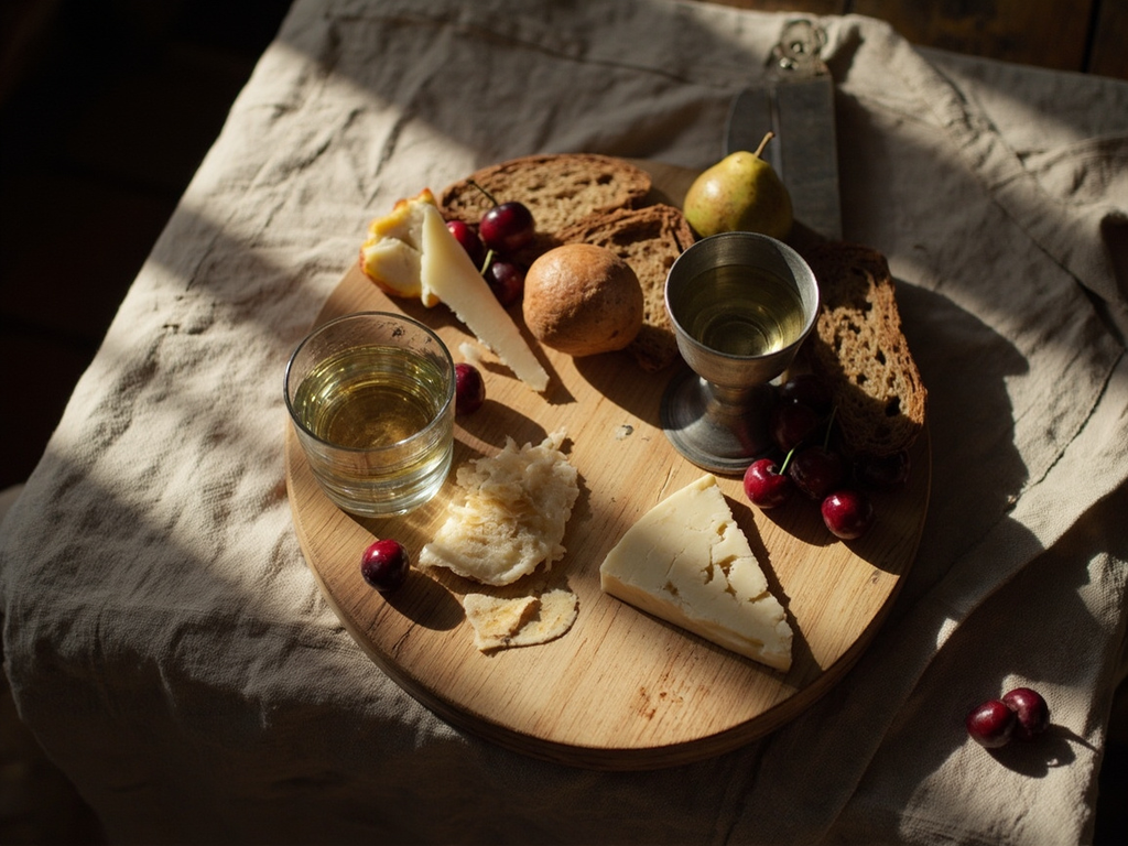 Pain, fromage et fruits, arrosés d'un vin de Champagne