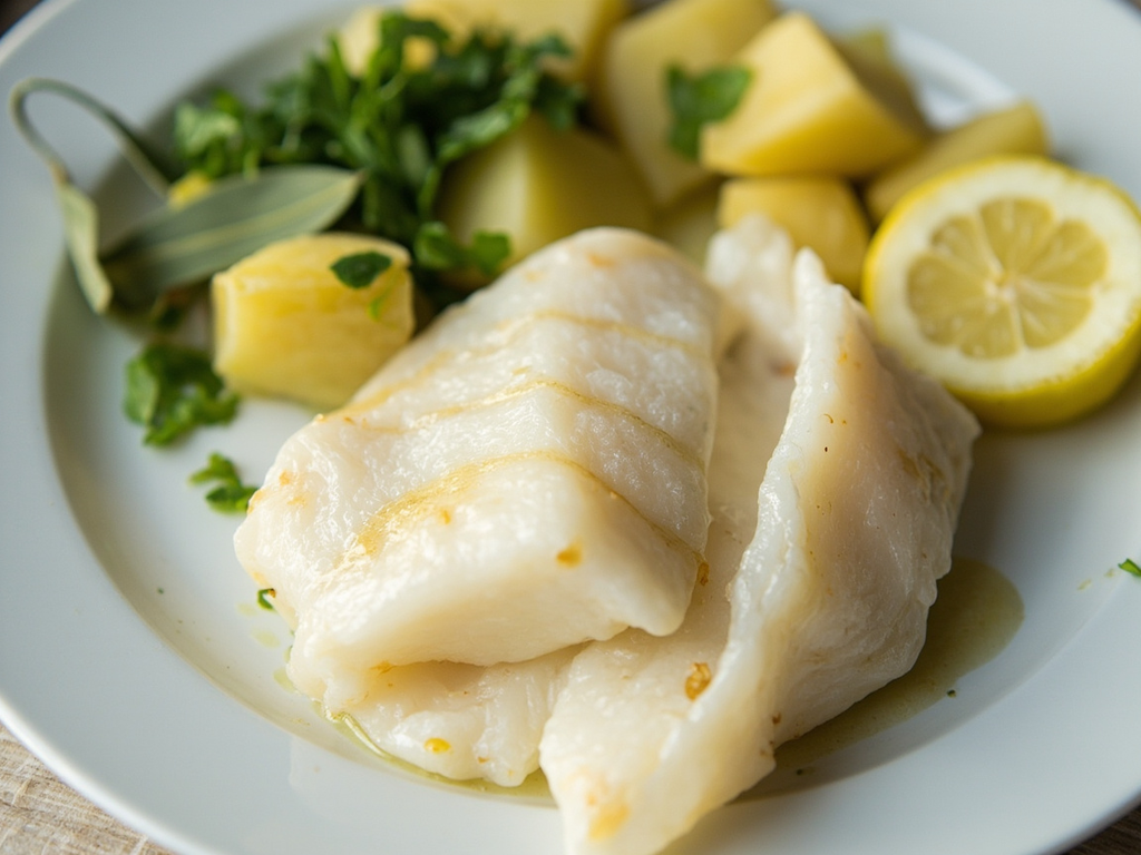 Poached fish with steamed potatoes, performance day