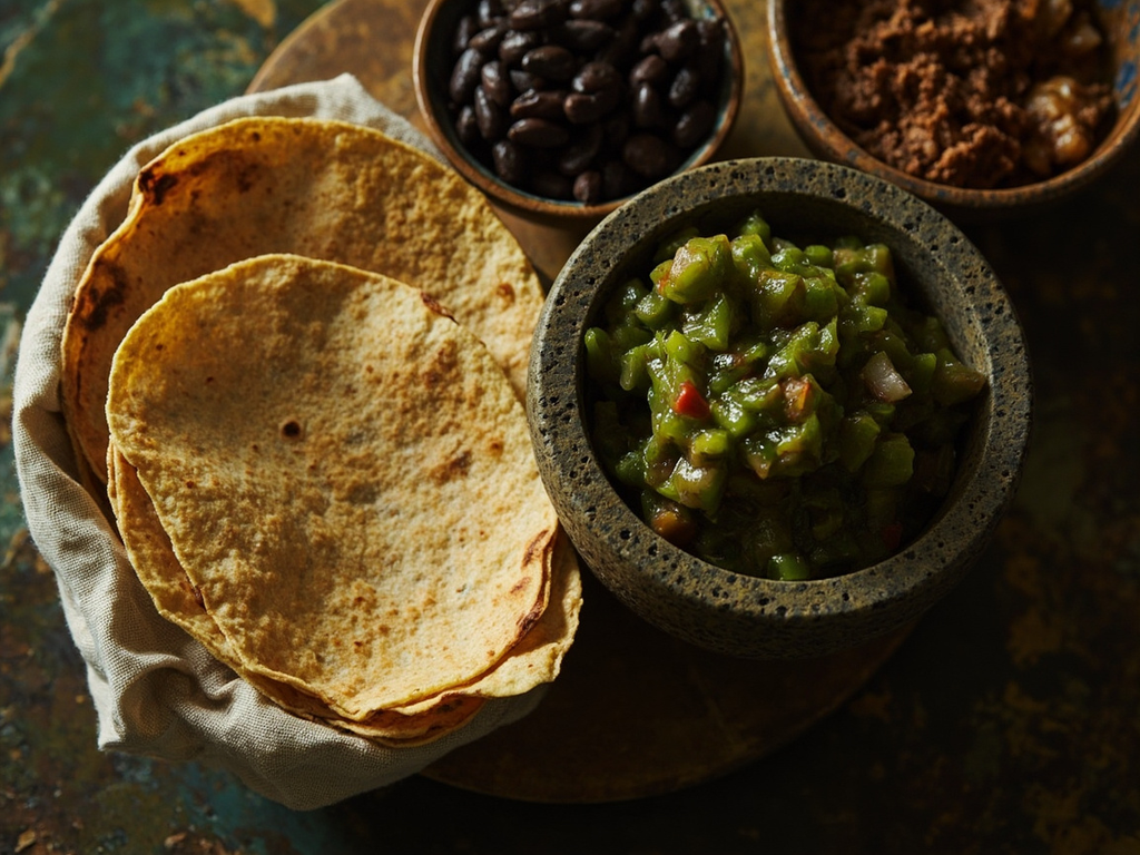 Tortillas du comal, salsa verte de molcajete et haricots de la marmite