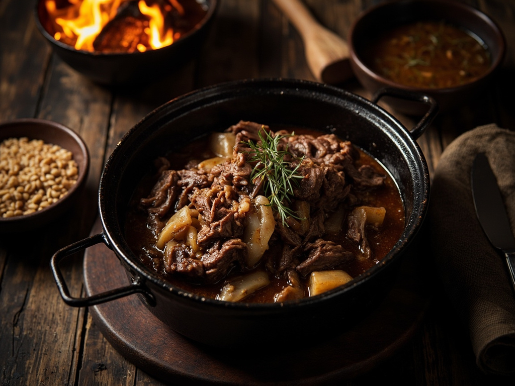Sanglier bouilli au chaudron, oignons et genièvre