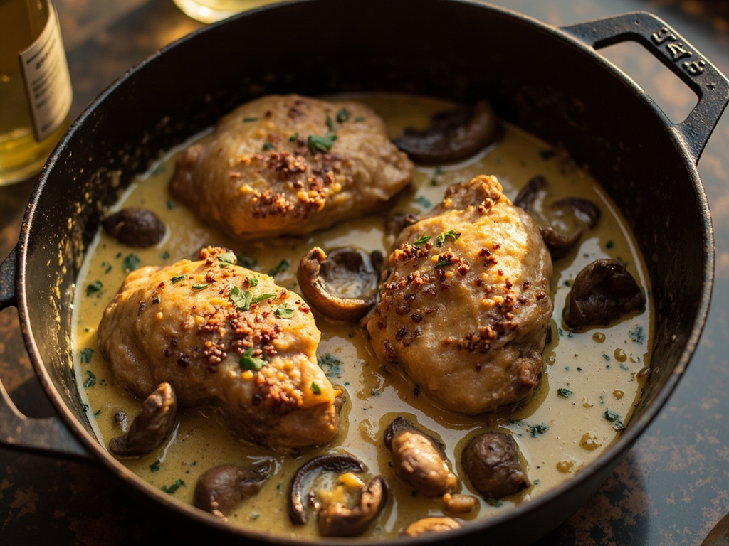 Poulet au vin jaune et aux morilles