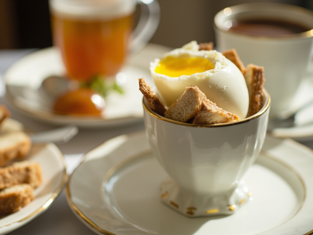 Œufs à la coque, toast et thé fort du matin