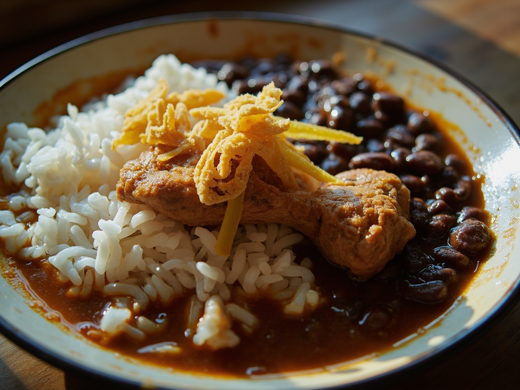 Arroz, feijão preto e frango — the everyday prato feito