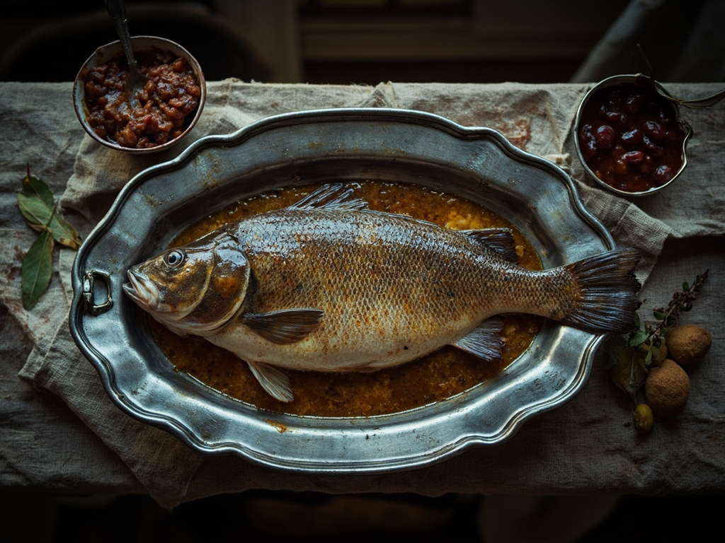 Karpfen blau — blue carp in vinegar court-bouillon with spiced sauce