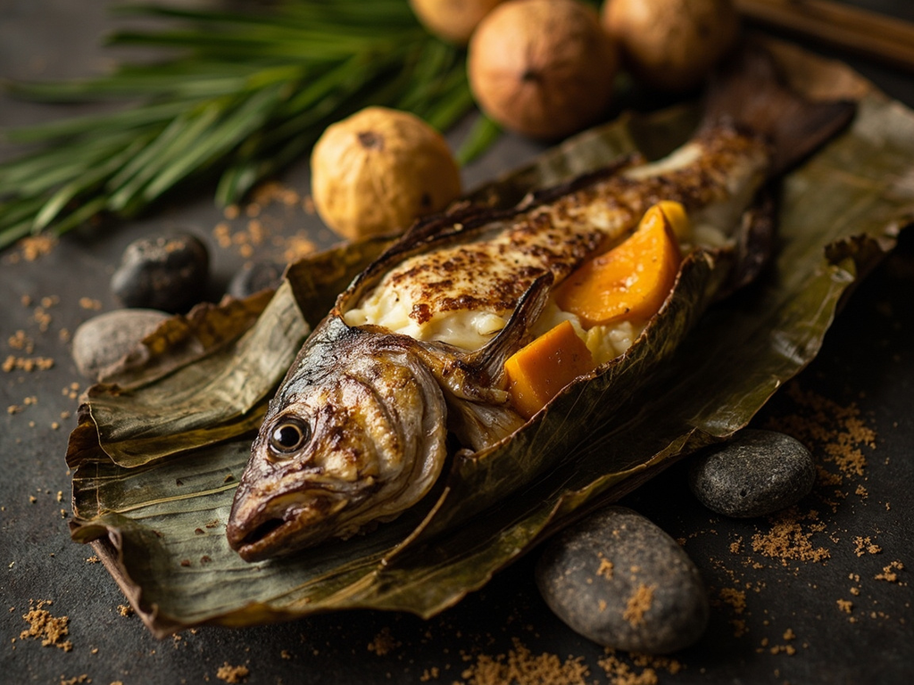 Hākari de l'umu — poisson, taro et kumara aux pierres chaudes