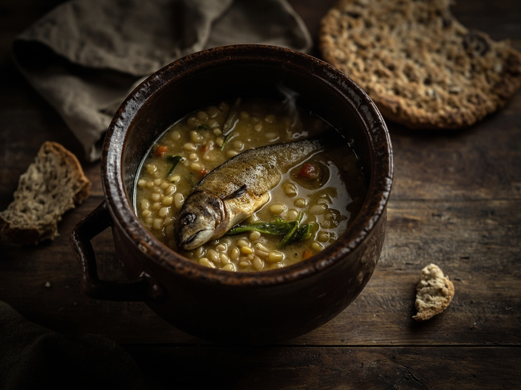 Cawl of leeks, barley, and river fish