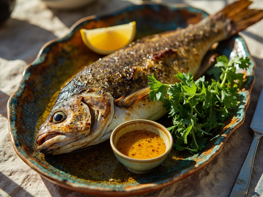 Wedding fish grilled with garum and herbs